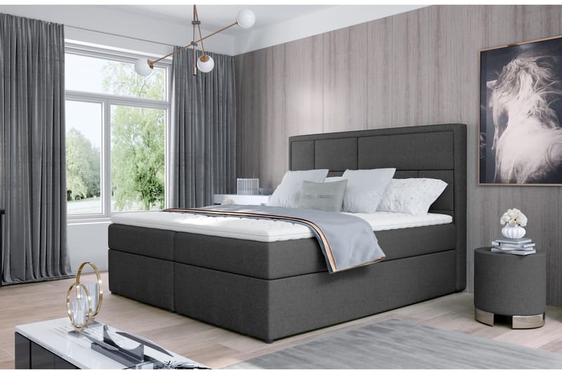 Emeron Komplett Sängpaket 140x200 cm i Tyg med Sänggavel + Bäddmadrass, Grå