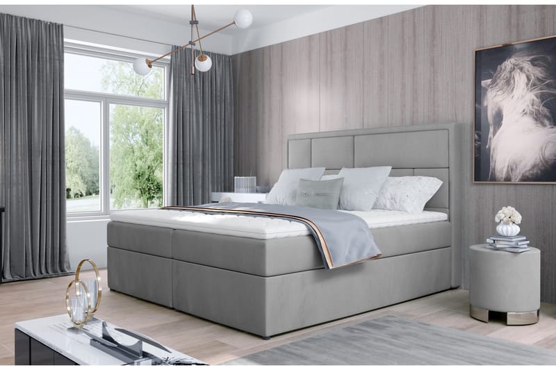Emeron Komplett Sängpaket 140x200 cm i Tyg med Sänggavel + Bäddmadrass, Grå