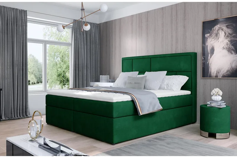Emeron Komplett Sängpaket 160x200 cm i Tyg med Sänggavel + Bäddmadrass, Grön