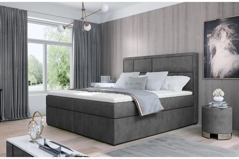 Emeron Komplett Sängpaket 180x200 cm i Tyg med Sänggavel + Bäddmadrass, Grå