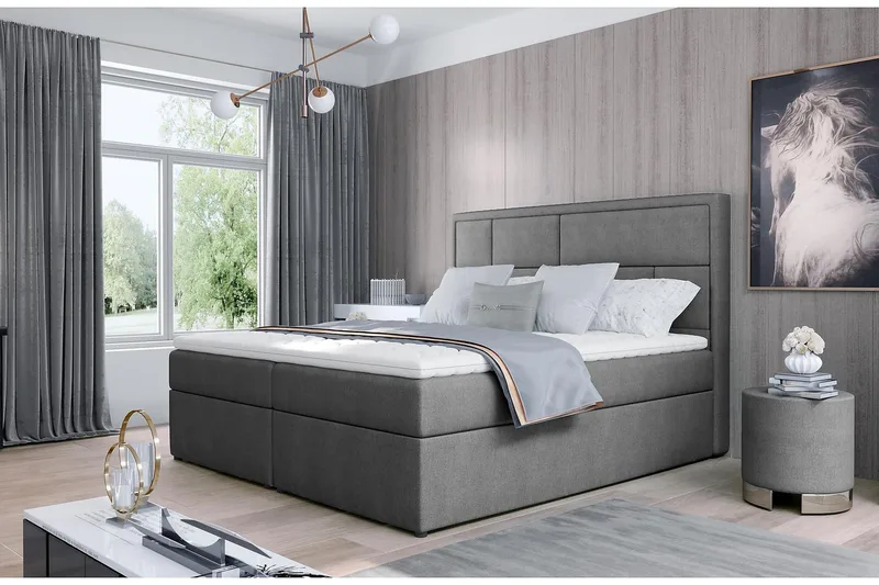 Emeron Komplett Sängpaket 180x200 cm i Tyg med Sänggavel + Bäddmadrass, Grå