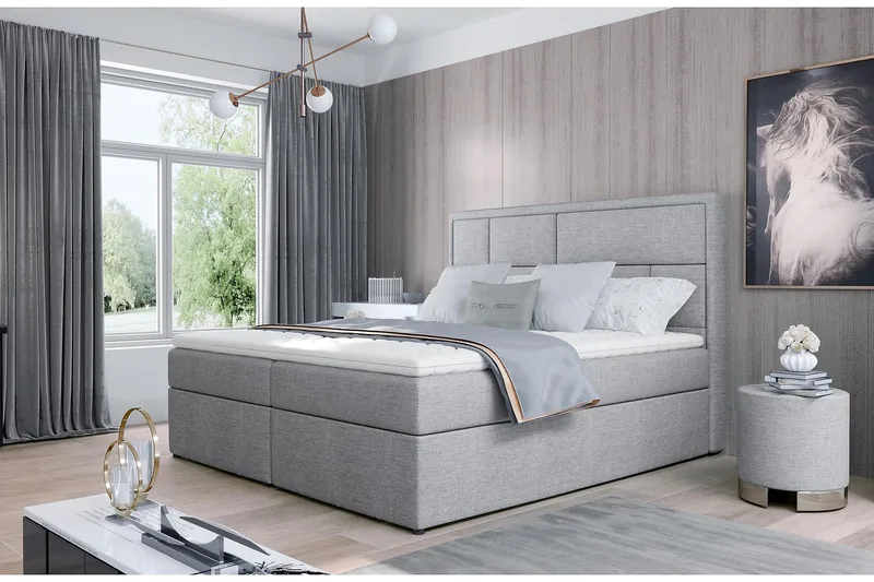 Emeron Komplett Sängpaket 180x200 cm i Tyg med Sänggavel + Bäddmadrass med Fasthetsgrad Medium, Grå