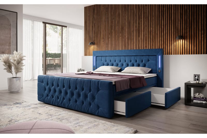 Francisca Sängpaket med Förvaring 160x200 LED-belysning - Blå (+Fler val) - Komplett sängpaket - Kontinentalsäng - Familjesäng