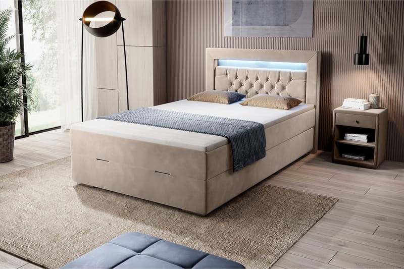 Franco Sängpaket med förvaring 120x200 LED-belysning - 120x200 Beige (+Fler val) - Komplett sängpaket - Sängar med förvaring