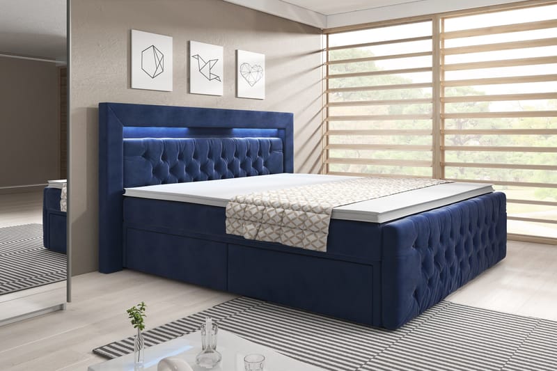 Franco Sängpaket med förvaring LED-belysning 180x200 cm - 140x200 Mörkblå (+Fler val) - Komplett sängpaket - Sängar med förvaring - Dubbelsäng