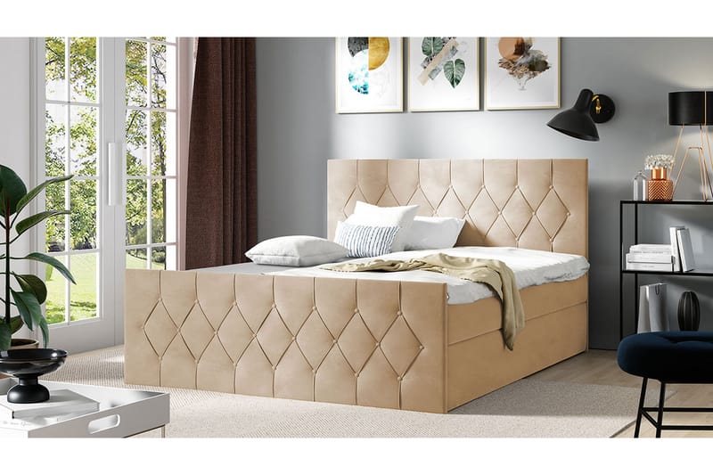 Jitendra Sängpaket Kontinentalsäng 180x200 cm med Förvaring - Beige - Komplett sängpaket - Sängar med förvaring - Dubbelsäng - Familjesäng