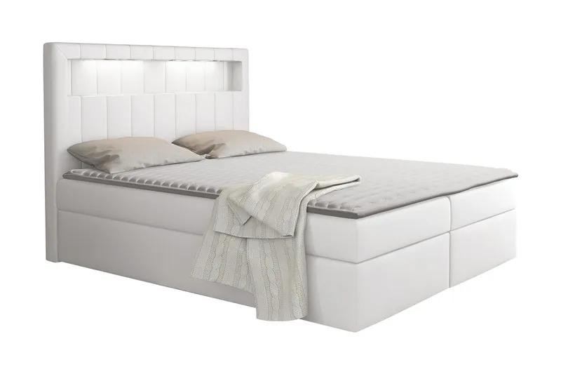 Kontinentalsäng Komplett Sängpaket 200x200 cm med Förvaring och Sänggavel + Bäddmadrass, Vit