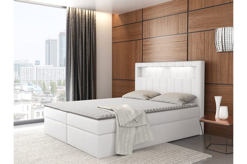Kontinentalsäng Komplett Sängpaket 200x200 cm med Förvaring och Sänggavel + Bäddmadrass - Vit - Möbler - Säng - Komplett sängpaket