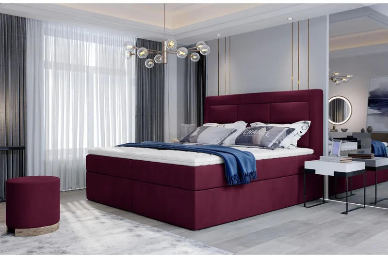 Vivera Komplett Sängpaket 140x200 cm i Sammet med Sänggavel + Bäddmadrass, Vinröd