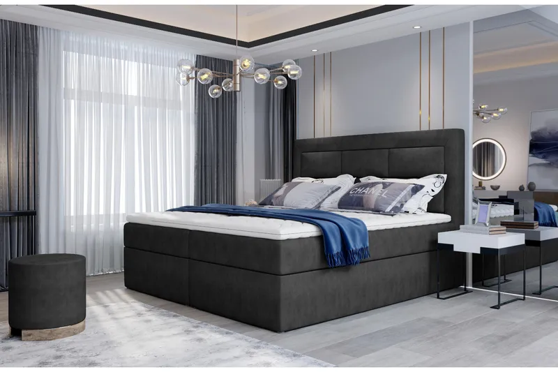 Vivera Komplett Sängpaket 140x200 cm i Tyg med Sänggavel + Bäddmadrass, Antracit