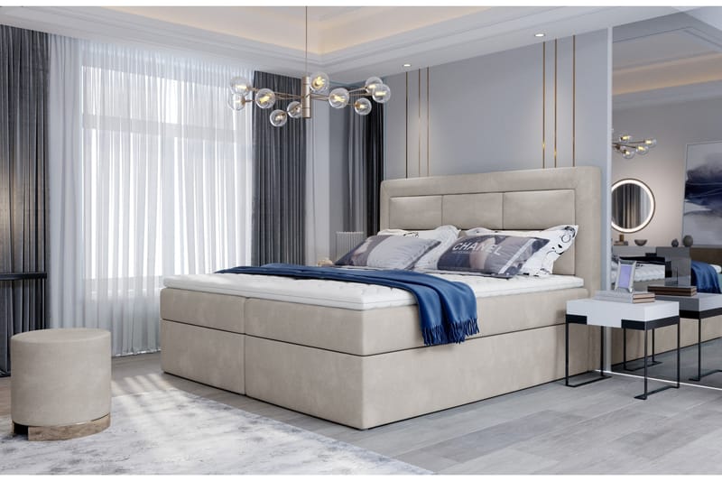 Vivera Komplett Sängpaket 140x200 cm i Tyg med Sänggavel + Bäddmadrass, Beige