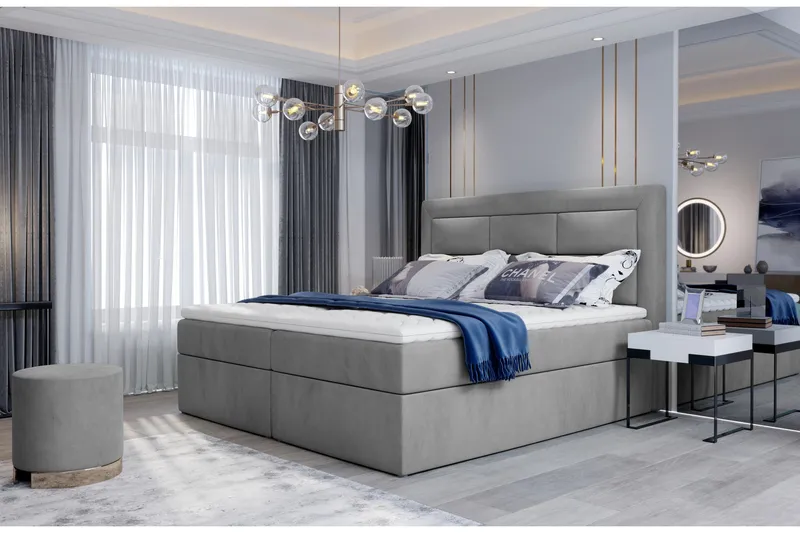 Vivera Komplett Sängpaket 140x200 cm i Tyg med Sänggavel + Bäddmadrass, Ljusgrå