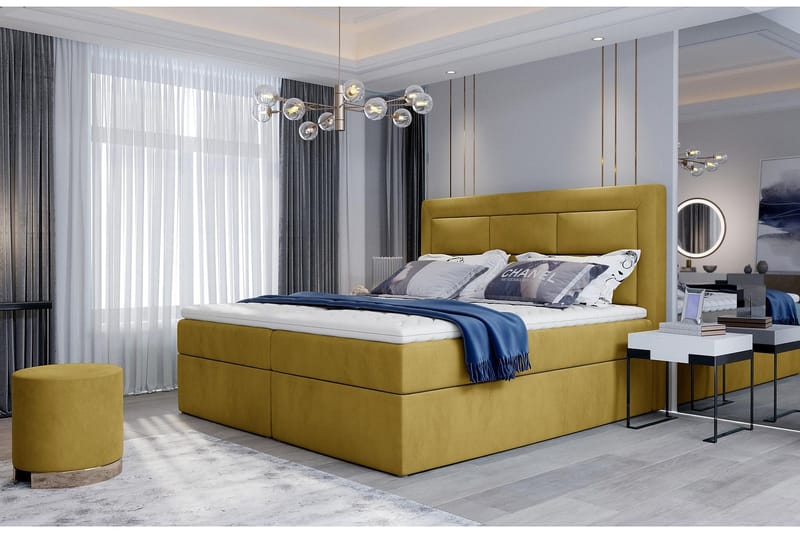 Vivera Komplett Sängpaket 180x200 cm i Sammet med Sänggavel + Bäddmadrass, Senapsgul