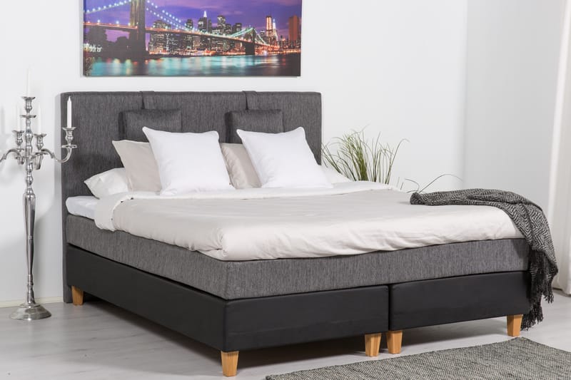 Hilton Lyx Komplett Sängpaket180  Svart PU/Tyg Ek Fyrkan - Svart PU/Tyg Ek Fyrkantig - Möbler - Säng - Komplett sängpaket