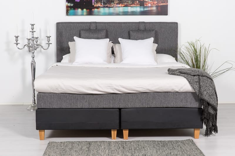 Hilton Lyx Komplett Sängpaket180  Svart PU/Tyg Ek Fyrkan - Svart PU/Tyg Ek Fyrkantig - Möbler - Säng - Komplett sängpaket