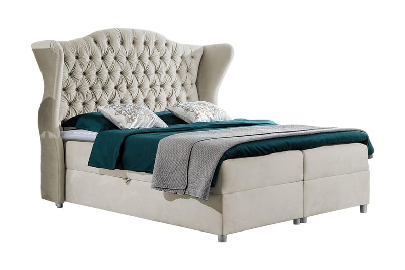 Komplett Sängpaket – Kontinentalsäng 120x200 cm i Tyg med Förvaring och Sänggavel + Bäddmadrass med Fasthetsgrad Medium, Beige