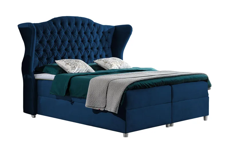 Komplett Sängpaket – Kontinentalsäng 120x200 cm i Tyg med Förvaring och Sänggavel + Bäddmadrass med Fasthetsgrad Medium, Blå