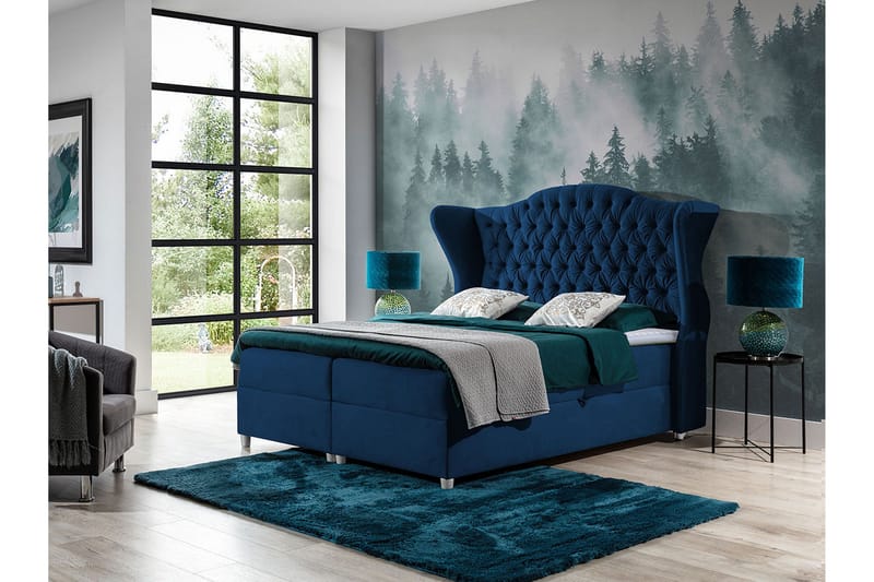 Komplett Sängpaket – Kontinentalsäng 120x200 cm i Tyg med Förvaring och Sänggavel + Bäddmadrass med Fasthetsgrad Medium - Blå - Möbler - Säng - Kontinentalsäng