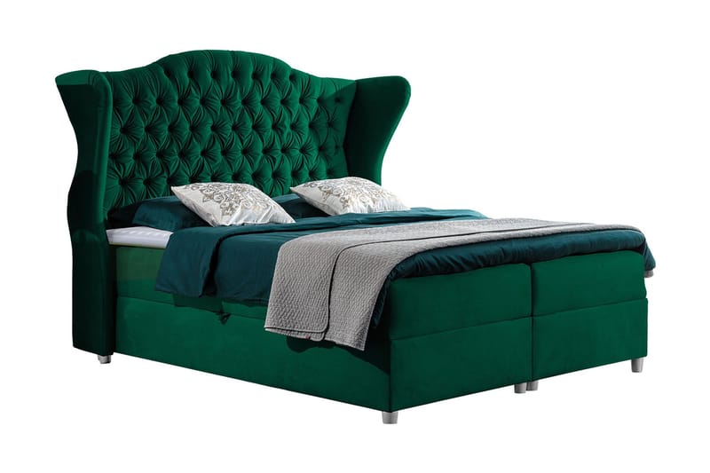 Komplett Sängpaket – Kontinentalsäng 120x200 cm i Tyg med Förvaring och Sänggavel + Bäddmadrass med Fasthetsgrad Medium, Grön
