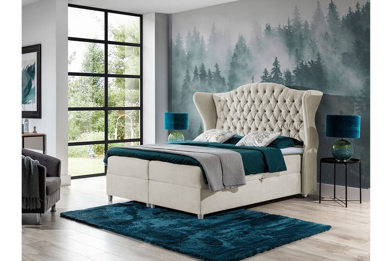 Kontinentalsäng Komplett Sängpaket – Kontinentalsäng 160x200 cm i Tyg med Förvaring, Sänggavel + Bäddmadrass med Fasthetsgrad Medium - Beige - Möbler - Säng - Kontinentalsäng