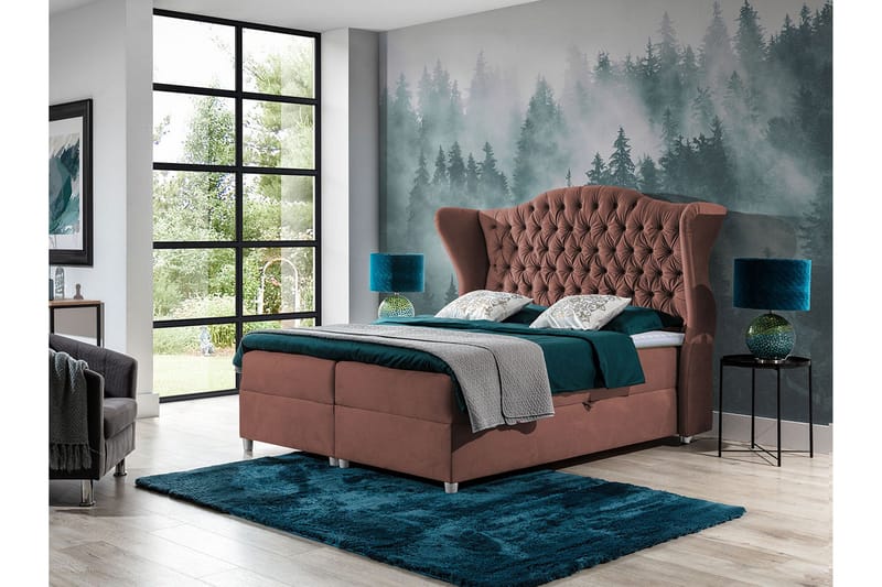Kontinentalsäng Komplett Sängpaket – Kontinentalsäng 160x200 cm i Tyg med Förvaring, Sänggavel + Bäddmadrass med Fasthetsgrad Medium - Rosa - Möbler - Säng - Kontinentalsäng