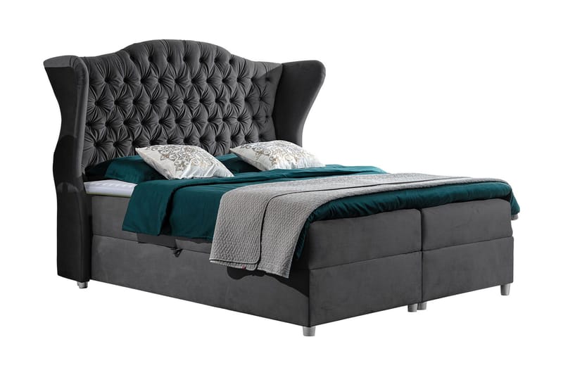 Kontinentalsäng Komplett Sängpaket – Kontinentalsäng 160x200 cm i Tyg med Förvaring, Sänggavel + Bäddmadrass med Fasthetsgrad Medium, Svart