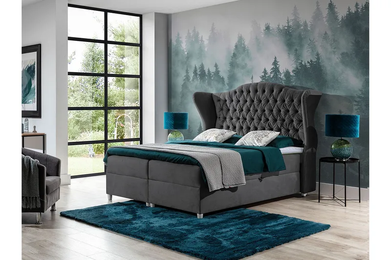 Kontinentalsäng Komplett Sängpaket – Kontinentalsäng 160x200 cm i Tyg med Förvaring, Sänggavel + Bäddmadrass med Fasthetsgrad Medium - Svart - Möbler - Säng - Kontinentalsäng
