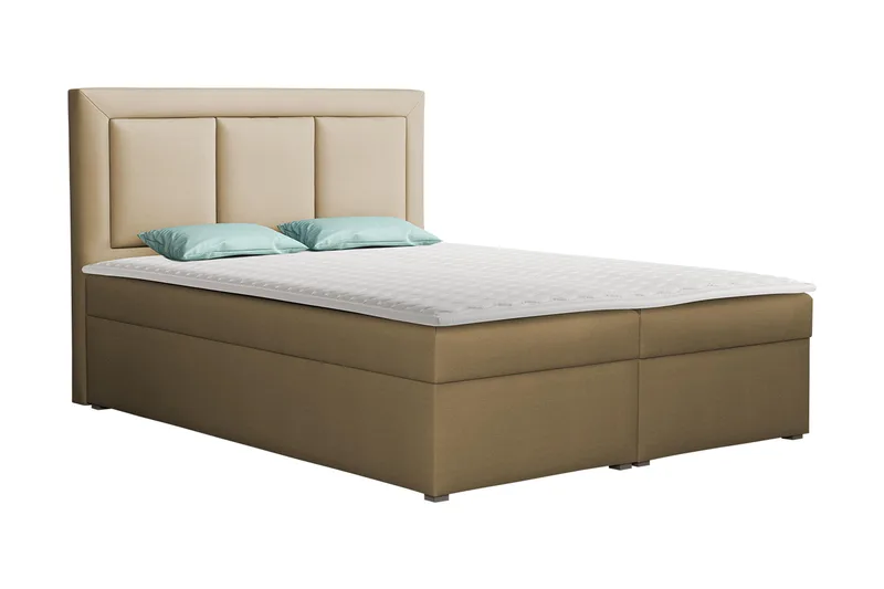 Moden Komplett Sängpaket – Kontinentalsäng 140x215 cm i Tyg med Förvaring, Sänggavel + Bäddmadrass med Fasthetsgrad Mjuk, Beige