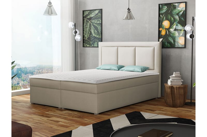 Moden Komplett Sängpaket – Kontinentalsäng 140x215 cm i Tyg med Förvaring, Sänggavel + Bäddmadrass med Fasthetsgrad Mjuk - Beige - Möbler - Säng - Kontinentalsäng