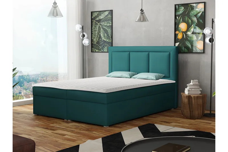 Moden Komplett Sängpaket – Kontinentalsäng 140x215 cm i Tyg med Förvaring, Sänggavel + Bäddmadrass med Fasthetsgrad Mjuk - Turkos - Möbler - Säng - Kontinentalsäng