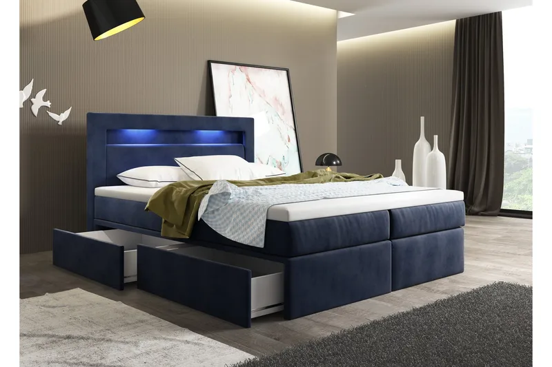 Oscar Komplett Sängpaket – Kontinentalsäng 140x200 cm i Tyg med Sänggavel + Bäddmadrass, Blå