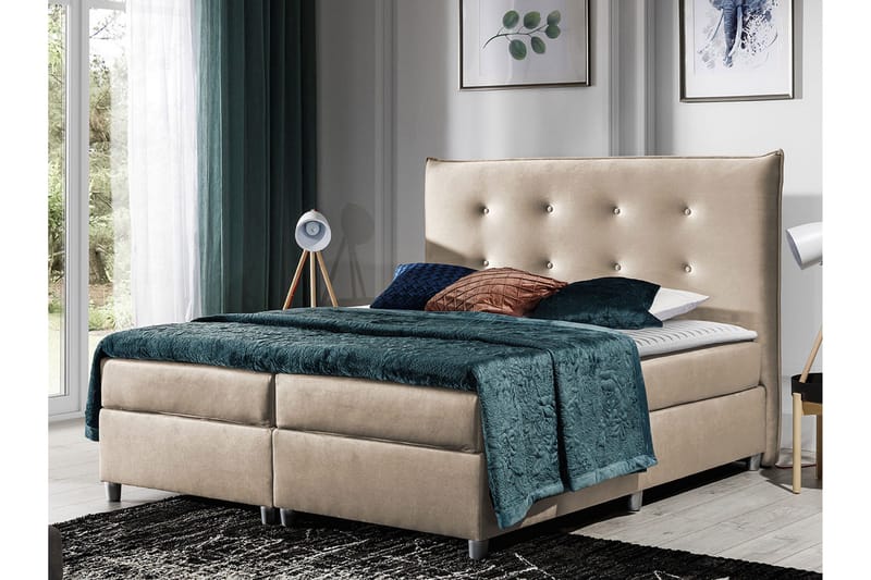 Prato Kontinentalsäng med Förvaring 200x200 cm i Tyg med Sänggavel - Beige - Möbler - Säng - Kontinentalsäng