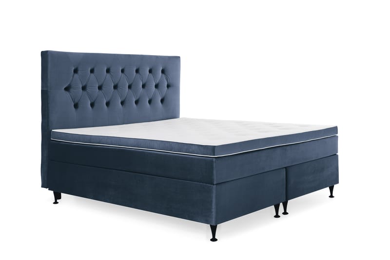 Royal Velvet Komplett Sängpaket 160x200 - Mörkblå med Låga Svarta Ben - Kontinentalsäng - Dubbelsäng