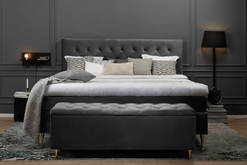 Royal Velvet Komplett Sängpaket 160x200 - Mörkgrå med Höga Rosében - Komplett sängpaket - Kontinentalsäng - Dubbelsäng
