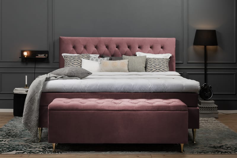 Royal Velvet Komplett Sängpaket 160x200 - Rosa med Låga Guldben - Dubbelsäng - Komplett sängpaket - Kontinentalsäng