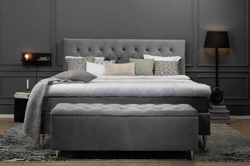 Royal Velvet Komplett Sängpaket 180x200 - Ljusgrå med Svarta Låga Ben - Komplett sängpaket - Kontinentalsäng - Dubbelsäng