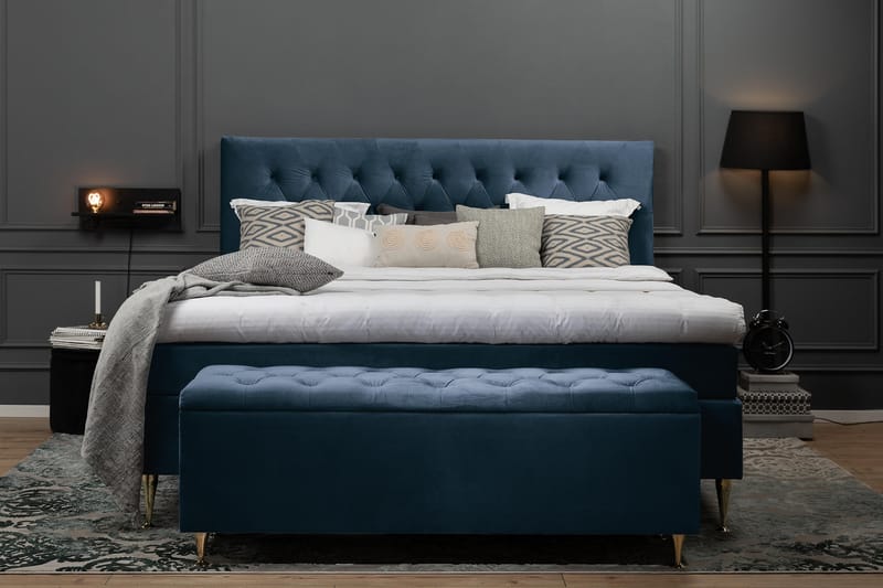 Royal Velvet Komplett Sängpaket 180x200 - Mörkblå med Låga Svarta Ben - Komplett sängpaket - Kontinentalsäng - Dubbelsäng