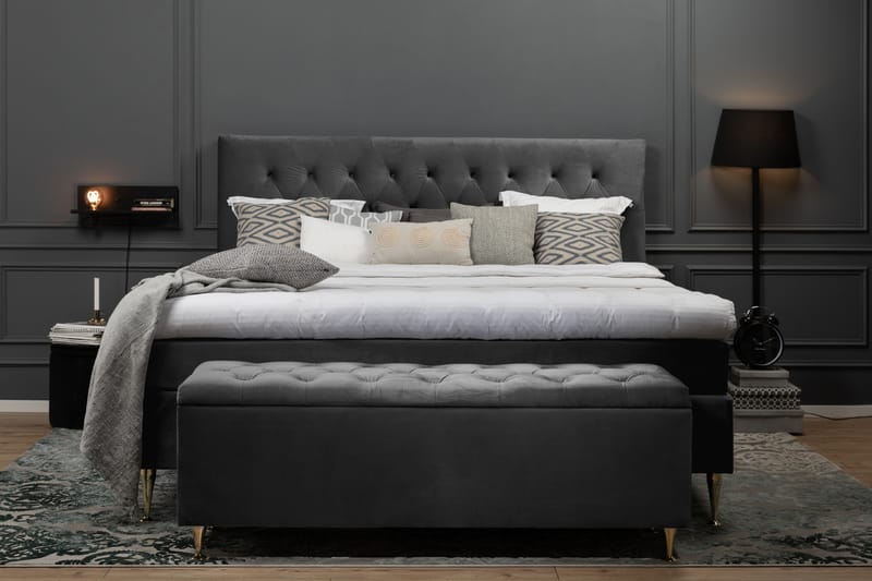 Royal Velvet Komplett Sängpaket 210x210 cm - Mörkgrå med Svarvade Ben - Möbler - Säng - Kontinentalsäng