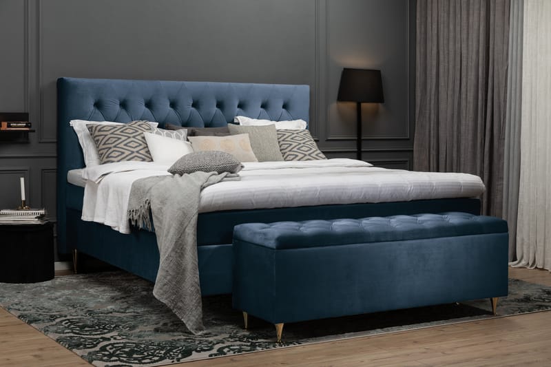 Royal Velvet Komplett Sängpaket 210x210  Mörkblå med Låga - Mörkblå med Låga Guldben - Kontinentalsäng - Dubbelsäng - Familjesäng