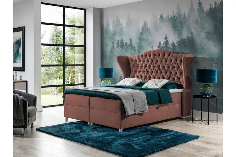 Sängpaket – Kontinentalsäng 180x200 cm med Sänggavel + Bäddmadrass med Fasthetsgrad Medium - Rosa - Möbler - Säng - Kontinentalsäng