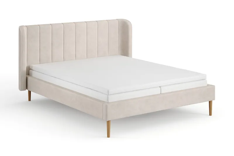 Nattljus Sängram 160x200 cm Ek med HVILA Resårmadrass och Bäddmadrass i Memoryskum med Tvättbar klädsel, Beige