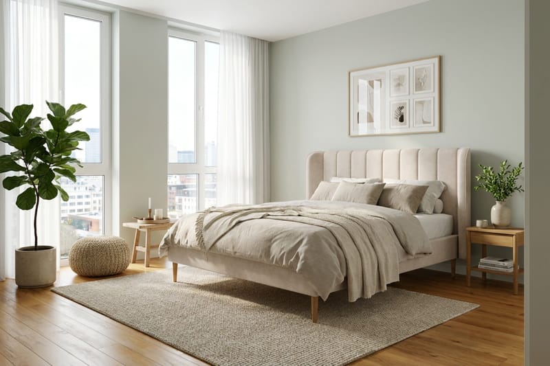 Nattljus Sängram 160x200 cm Ek med HVILA Pocketresårmadrass och Bäddmadrass i Latex med Tvättbar klädsel - Beige - Möbler - Säng - Sängram & sängstomme