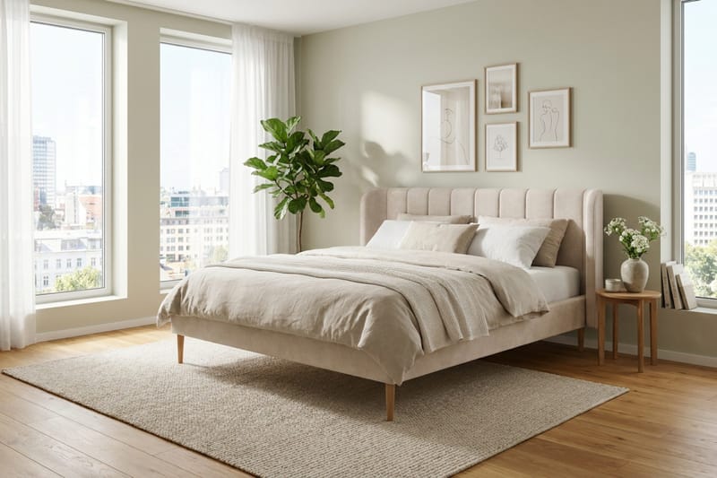 Nattljus Sängram 180x200 cm Ek med HVILA Skummadrass och Bäddmadrass i Memoryskum med Tvättbar klädsel - Beige - Möbler - Säng - Sängram & sängstomme