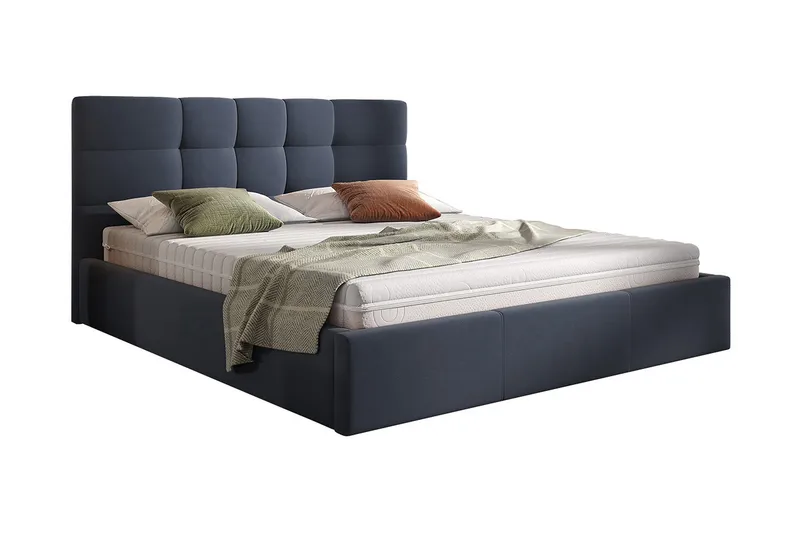Nieres Komplett Sängpaket 140x200 cm i Tyg med Förvaring och Sänggavel + Bäddmadrass, Blå