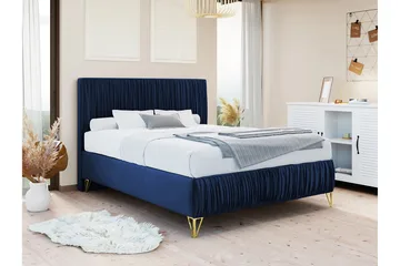 Gortin Komplett Sängpaket – Ramsäng 120x200 cm i Sammet med Sänggavel + Bäddmadrass - Blå - Möbler - Säng - Komplett sängpaket