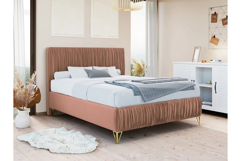 Gortin Komplett Sängpaket – Ramsäng 120x200 cm i Sammet med Sänggavel + Bäddmadrass - Gammelrosa - Möbler - Säng - Komplett sängpaket