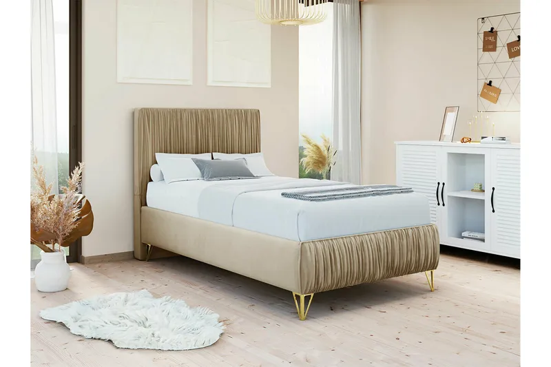 Gortin Komplett Sängpaket – Ramsäng 90x200 cm i Sammet med Sänggavel + Bäddmadrass - Beige - Möbler - Säng - Komplett sängpaket