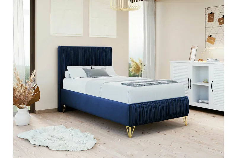 Gortin Komplett Sängpaket – Ramsäng 90x200 cm i Sammet med Sänggavel + Bäddmadrass - Blå - Möbler - Säng - Komplett sängpaket