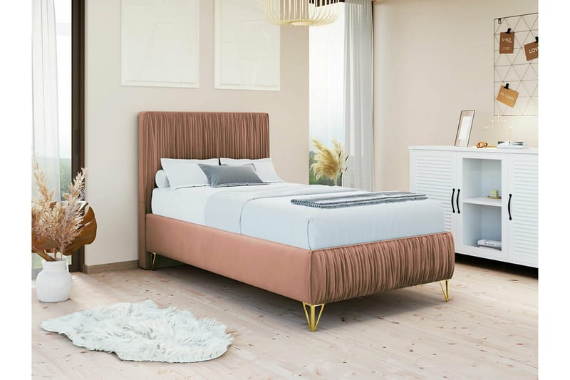 Gortin Komplett Sängpaket – Ramsäng 90x200 cm i Sammet med Sänggavel + Bäddmadrass - Gammalrosa - Möbler - Säng - Komplett sängpaket