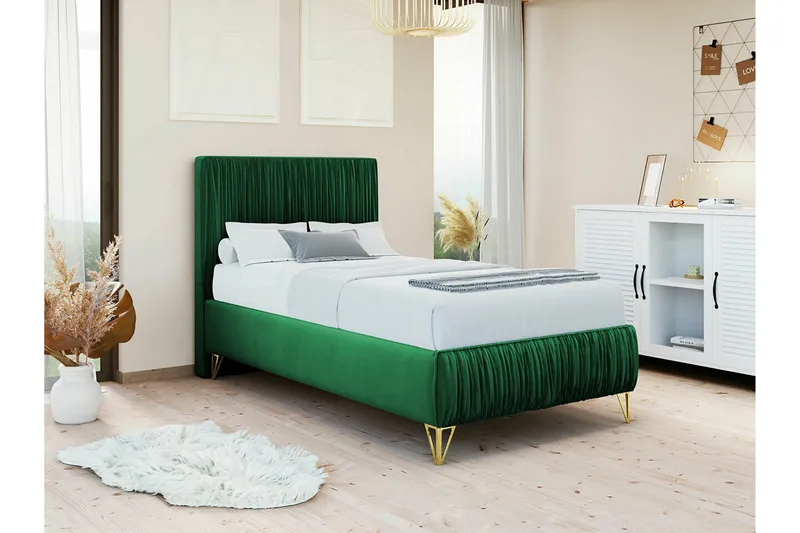 Gortin Komplett Sängpaket – Ramsäng 90x200 cm i Sammet med Sänggavel + Bäddmadrass - Grön - Möbler - Säng - Komplett sängpaket